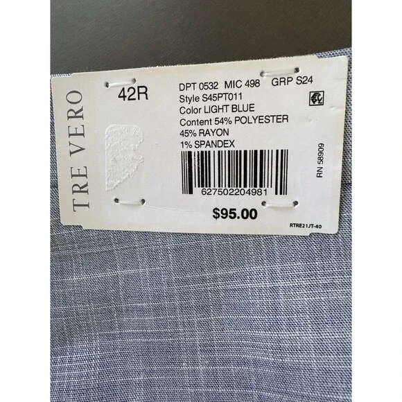 Tre Vero Modern Fit Flat Front Tuxedo Stripe Dress Pants 42R unhemmed light blue